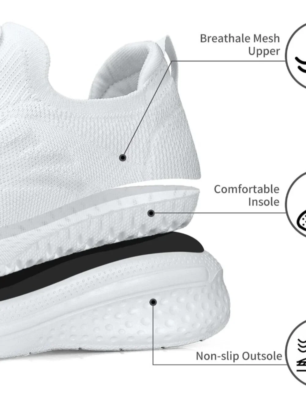 Women's White Walking Shoes Lightweight Breathable Mesh Sneakers Slip Sole